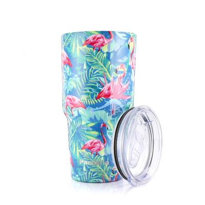 China Custom Stocked LOGO Flamingo Pattern Water Transfer Water Transfer Printing 30oz SS304 Travel Coffee Mug Tumbler Cup With Slide Lid for sale