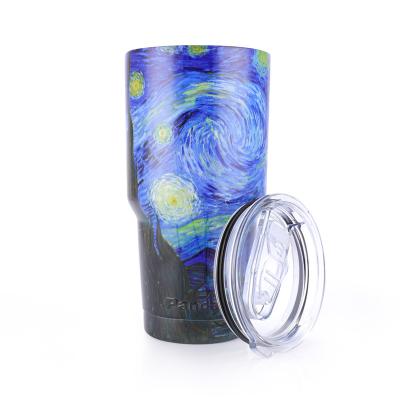 China Custom Stocked LOGO Van Gogh Starry Sky Water Transfer Water Transfer Printing 30oz 304SS Travel Coffee Mug Tumbler Cup With Slide Lid for sale