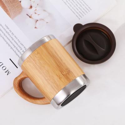 China Wholesale Good Quality Cheap Portable Double Wall Stainless Steel Stocked Bamboo Mug 350ml With Logo Customized For Gift for sale