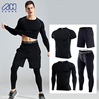 China High Quality Men's Breathable 4 Piece Mens Gym Wear Fitness Sports Shirts Gaiters And Shirts Set Plus Size Workout Training Sportswear Suits for sale