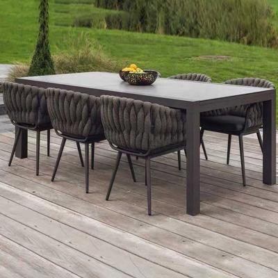 China Eco-friendly Aluminum BBQ Dinner Set Chairs and Outdoor Aluminum Dinner Chair Tables Rattan Outdoor Dining Table Set 6 Chairs for sale