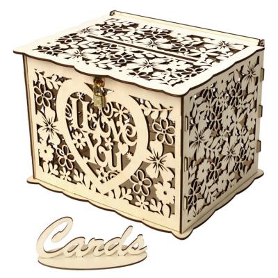 China New Style Handmade Wooden DIY Wedding Card Box Gift Piggy Bank With Beautiful Wedding Lock Decoration For Birthday Party Storage Money for sale