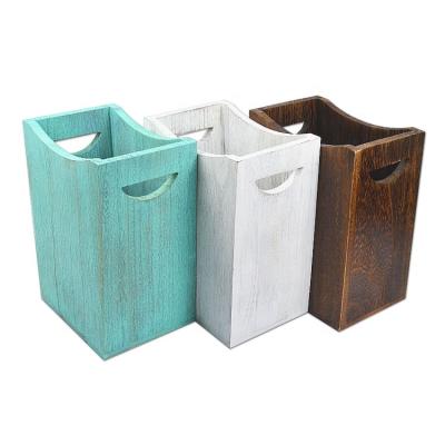 China Recycled Materials Farmhouse Style Honest Rustic Wooden Cute Trash Can Holder With Handle Wastebasket Bin For Living Room, Bathroom, Kitchen Office for sale