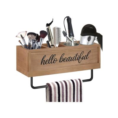 China Wall Mounted Wooden Hair Dryer Rack Viable Rustic Hair Tools and Styling Organizer with Towel Bars Bathroom Trays for sale