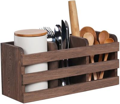 China Sustainable Farmhouse Wooden Utensil Rack For Kitchen Cookware Rack Wall Mounted Organizer With 3 Compartments for sale