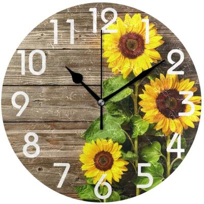 China Vintage Antique Wood Print Sunflowers Round 3D Style Wall Clock, 9.5 Inch Battery Operated Quiet Quartz Analog Desk Clock For Home for sale