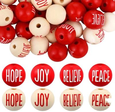 China Europe 100 Pieces Wooden Christmas Beads Christmas Word Balls Ornament Sign Farmhouse Greeting Wooden Beads For DIY for sale