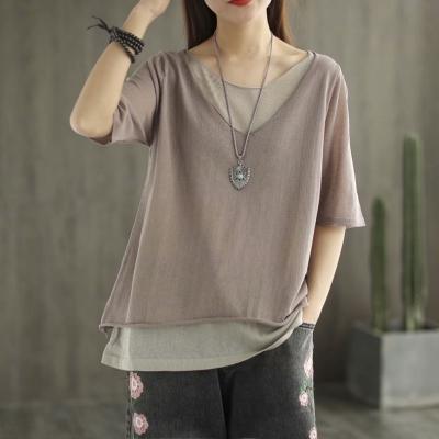 China Anti-wrinkle v-neck half-sleeve women's t-shirt fashion lifestyle comfortable beige for sale