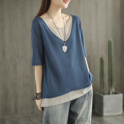 China Anti-wrinkle v-neck half-sleeve women's t-shirt fashion lifestyle comfortable denim blue for sale