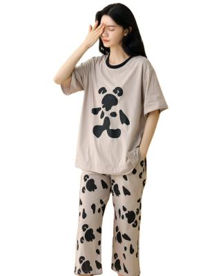 China Women Summer Breathable Cotton Lounge Wear Comfortable Casual Soft Pure Pajamas 2 Pcs Sets With T-shirt And Pants Brown With Bear for sale