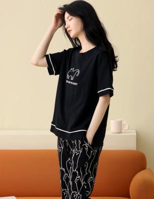 China Women Summer Breathable Cotton Lounge Wear Comfortable Casual Soft Pure Pajamas 2 Pcs Sets With Black T-shirt And Pants With Cat for sale