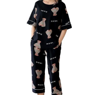 China Women Summer Breathable Cotton Lounge Wear Comfortable Casual Soft Pure Pajamas 2 Pcs Sets With Black T-shirt And Pants With Bear for sale