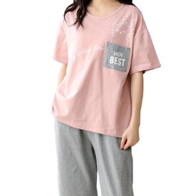 China Women Summer Breathable Cotton Lounge Wear Comfortable Casual Soft Pure Pajamas 2 Pcs Sets With Pink T-shirt And Pants With Cat for sale