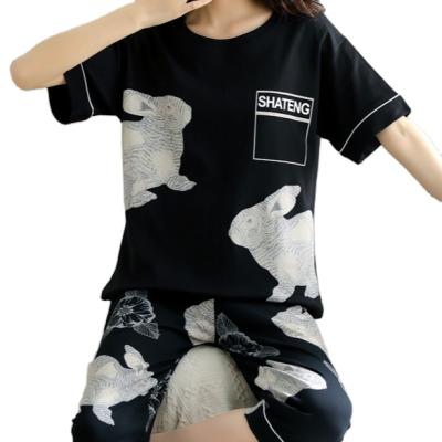 China Women Summer Breathable Cotton Lounge Wear Comfortable Casual Soft Pure Pajamas 2 Pcs Sets With Black T-shirt And Pants With Rabbit for sale