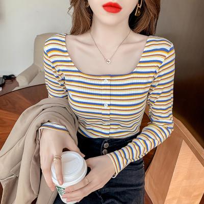 China Anti-Wrinkle Women Soft Square Collar Vintage Striped Long Sleeve T-Shirts With Buttons for sale