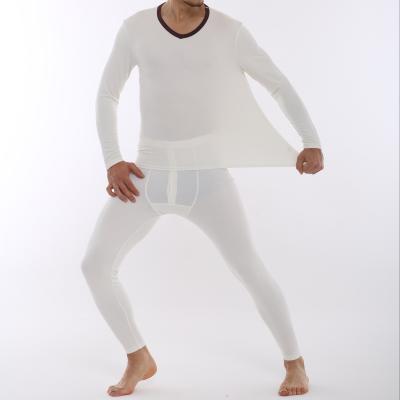 China Contrast Color Thermal Modal Thermal Long Sleeve Shirts Underwear Set Lingerie Set V Neck Mens White & Brown for sale