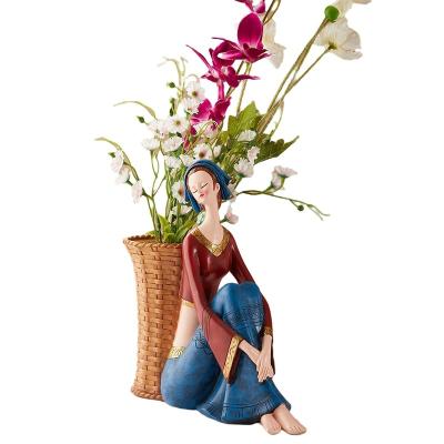 China Europe Nordic style luxury modern figurines gifts open living room cabinet resin open vase girl statue sculpture for sale