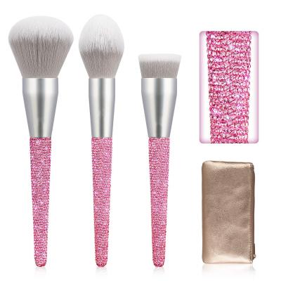 China Angular Blush Custom Logo 3Piece Sparkle Makeup Brush Set Bling Makeup Brush With PU Bag for sale