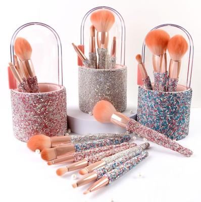 China Angular Blush Makeup Brush 2020 8PCS Shimmer Bling Diamond Rhinestone Luxury Makeup Set Brush With Stand for sale