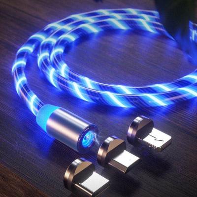 China Standard Battery 3 IN Cable 2M 1Magnetic USB 1M LED Glow Flowing Type Micro USB C Mobile Phone Cables Luminous Charging Rope For iPhone for sale