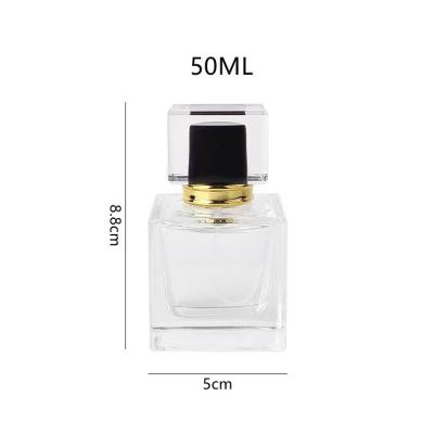 China 30ml 50ml Transparent Square Glass Perfume Bottle Leak Proof Reusable Glass Spray Pump Personal Care Perfume Bottle for sale