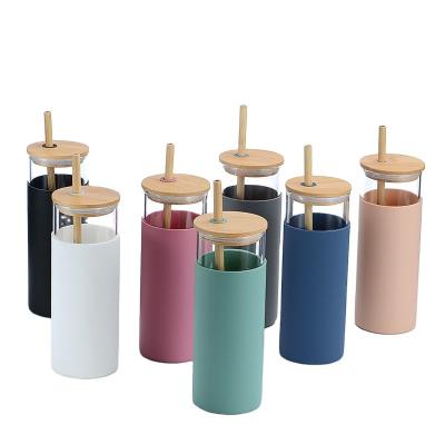 China Wine Tumbler 500ml 600ml 750ml Water Bottle Straw Silicone Protective Sleeve Bamboo Glass Lid - BPA Free for sale