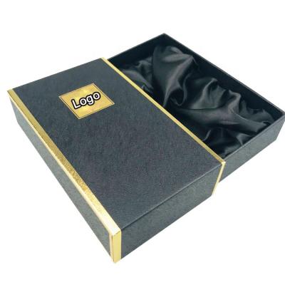 China Recycled Black Materials Rectangle Fancy Paper Gold Logo Cardboard Drawer Perfume Box With Satin Inside for sale