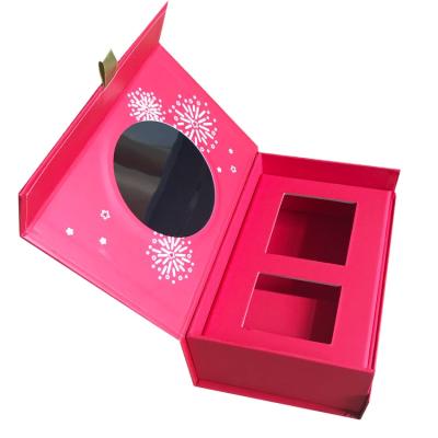 China Recycled Materials Stain Red Paper Shiny UV Magnetic Lid Gift Box Skin Care Cosmetic Storage Box With Mirror And Ribbon Tag for sale