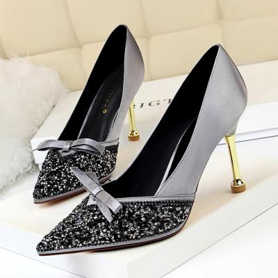 China Fashion Trendy Satin Fabric Lit Sequined PU Striping Rubber Bottom Women Fashion Elegant High Heel Shoes for sale