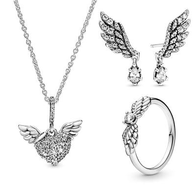 China 2021 New Hot Selling CLASSIC Angel Wing Ring Earring Necklace Three Piece Set High Quality Women's Jewelry Set for sale