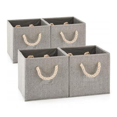 China Viable Folding Herringbone Handle Cloth Storage Bin Basket Box Organizer With Cotton Rope for sale