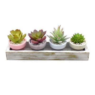 China High Tier Simulation Faux Succulent Plants Set With Wooden Tray Artificial Succulents For Home Decor Paper Pots for sale