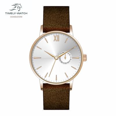 China Classic Brown 5ATM Leather Strap Men's Watch Day/Date Stainless Steel Case Waterproof Comfortable Japanese Quartz Movement for sale