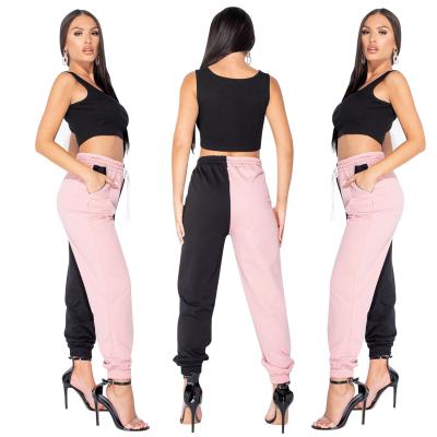 China Anti-pilling crop summer running sweat joggers bottoms solid pink and black 100% cotton two toned pants women for sale