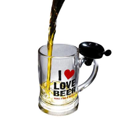 China Personality Promotion Price Metal Bell Ring Mugs Glass Transparent Thick Beer Cup With Bell for sale