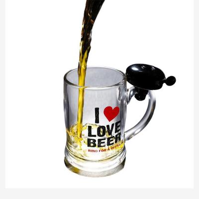 China Large Personality Discount Factory Supply Hotel Counter Mugs Glass Thick Beer Mug With Bell for sale