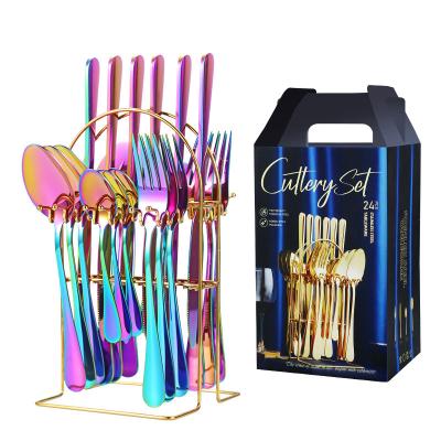 China Best Selling Disposable Stainless Steel Knife Fork Spoon Set Luxury Gold 24pcs Flatware Cutlery Set With Stand for sale