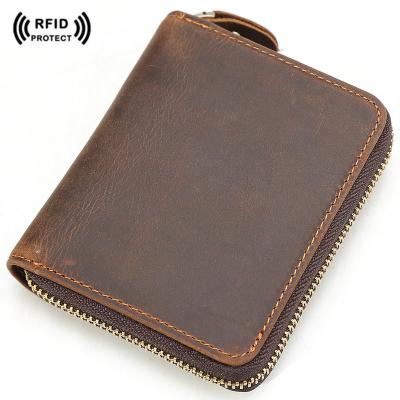 China Dark Brown Crazy Horse Leather Vintage Coin Purse RFID Zipper Handmade Leather Wallets Small With Coin Pocket for sale