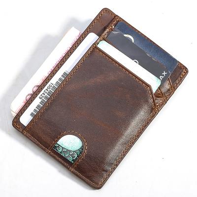 China RFID Blocking Protect Tiding Oil Waxed Slim Minimalist RFID Blocking Wallet Brown Genuine Leather Card Holder for sale