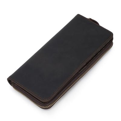 China Custom Vintage Brown Cowhide Clutch Bag Men Genuine Leather Wallet RFID Tiding Retro Long For Men Crazy Horse Zipper Wallet for sale