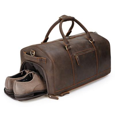 China Vintage TIDING Vintage Large Capacity Weekender Overnight Crazy Horse Travel Leather Duffel Bag With Shoe Compartment for sale