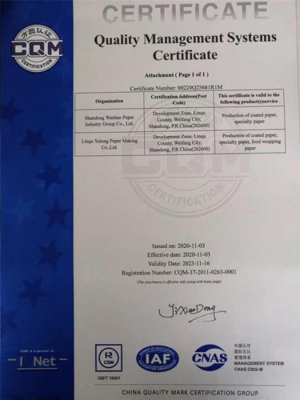 ISO9001 - Linqu Yulong Paper Co., Ltd.