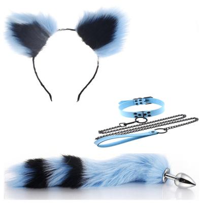 China Blue Cat Ears Headband Chain Collar Black Artificial Wool 3Pcs Metal Set Stainless Steel Fox Tail Anal Plug For Female for sale