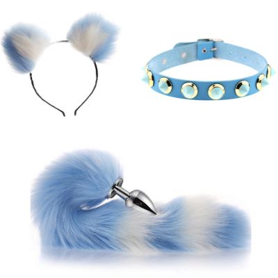 China Blue and White Tail Fox Plush Metal Artificial Wool Cosplay Set Tail Anal Plug, Fox Ear Headband and Leather Collar 3 Pcs Set for Couples Play for sale