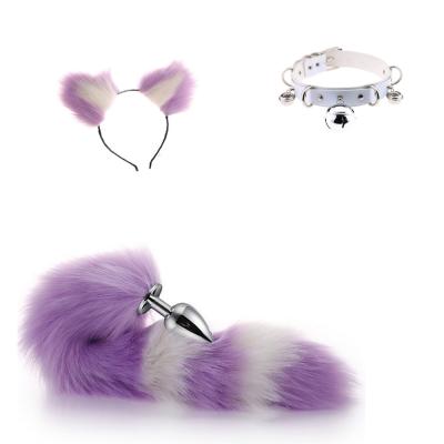 China Metal Artificial Wool Purple and White Cosplay 3 PCS Fox Set Hair Clip and Plug Fox Tail Scarf and Collar Fox Hairy Anal Masquerade Halloween Cospl Costume for sale