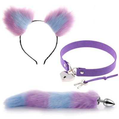 China Blue Purple Artificial Wool Metal 3Pcs Cat Ears Chain Collar Key With Lock Set Stainless Steel Fox Tail Anal Plug For Female Or Men for sale