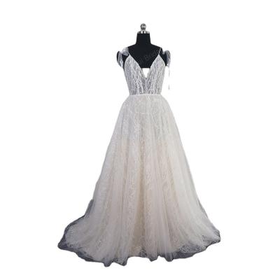 China Breathable Sequin Shinny Lace Wedding Dress With Bow Tie Strap Boho Wedding Dress Factory Photo Real for sale