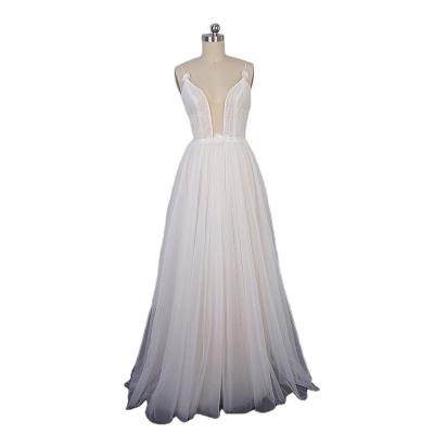 China Breathable spaghetti tie a line beach wedding dress light wedding dress plunging neckline pleated simple corset design for sale