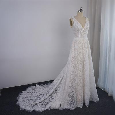 China Breathable Low V-Neck Lace Wedding Dress A Line With Sash Whimsical Floral Girly Bridal Gown Design for sale