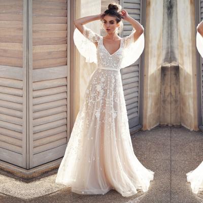 China 3D Breathable Floral Embroidered V-Neck A Line Wedding Dress With Sleeves Draped V-Neck Backless Wedding Dress for sale